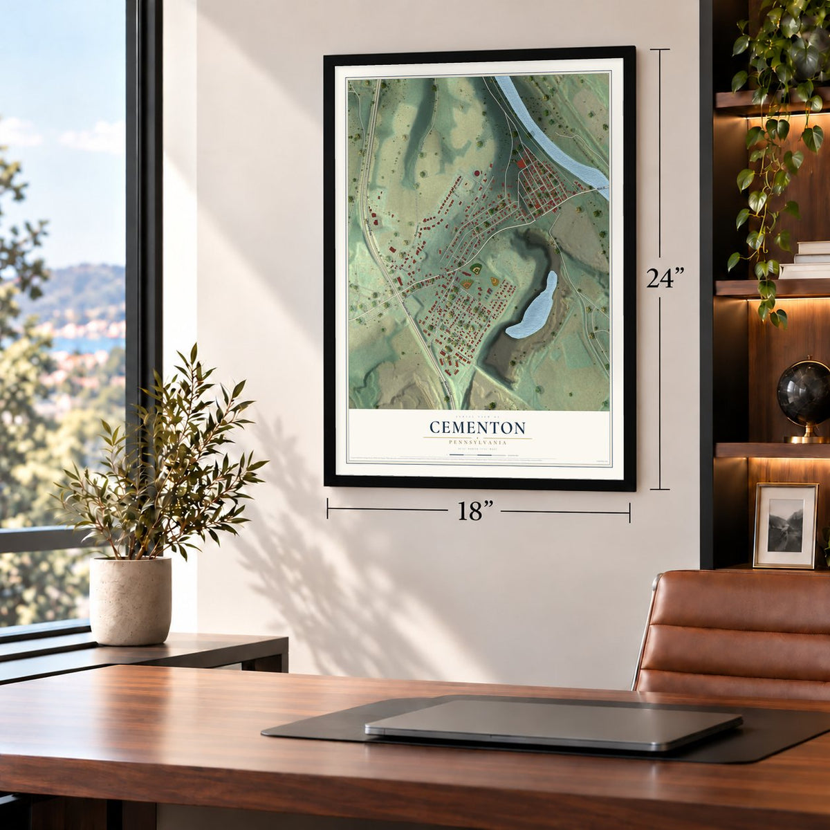 Cementon, Pennsylvania map, 18 x 24 inch print in a black frame in a home office