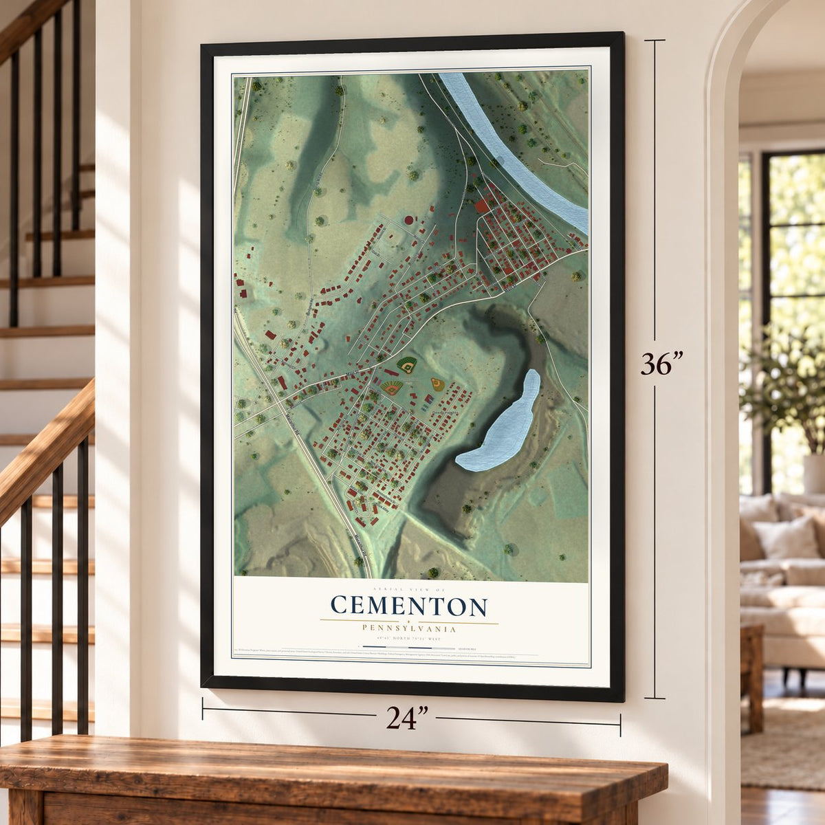 Cementon, Pennsylvania map, 24 x 36 inch print in a black frame by a staircase