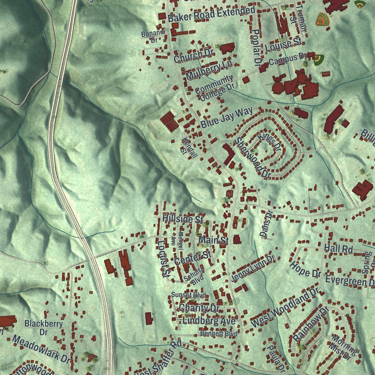 Close-up of the map of Center, Beaver County, Pennsylvania print showing street and building detail