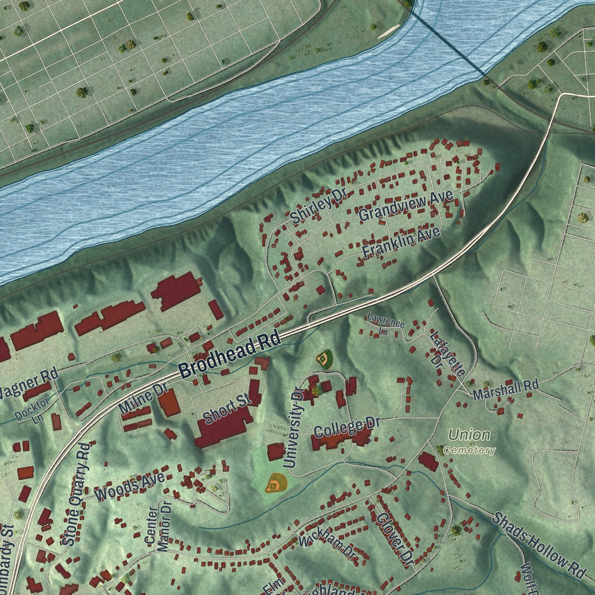 Second close-up of the map of Center, Beaver County, Pennsylvania print showing more streets and buildings