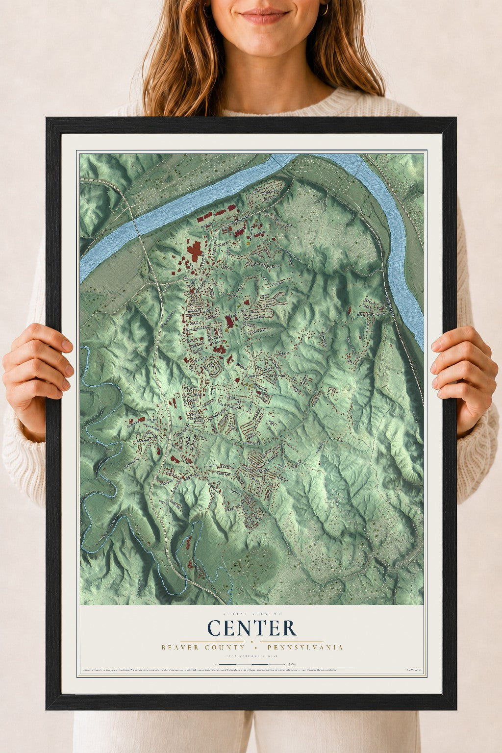 Map of Center, Beaver County, Pennsylvania, 18 x 24 inch print in a black wood frame
