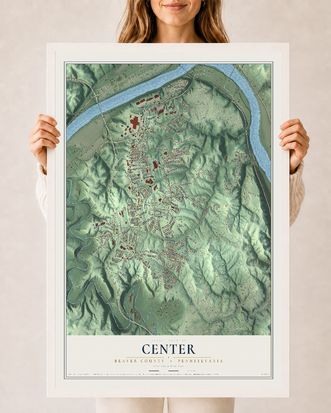 Map of Center, Beaver County, Pennsylvania, 24 x 36 inch print in a white wood frame
