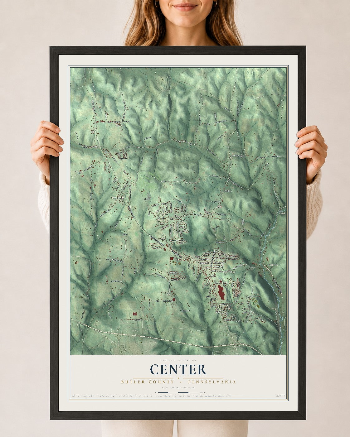Map of Center, Butler County, Pennsylvania, 24 x 36 inch print in a black wood frame