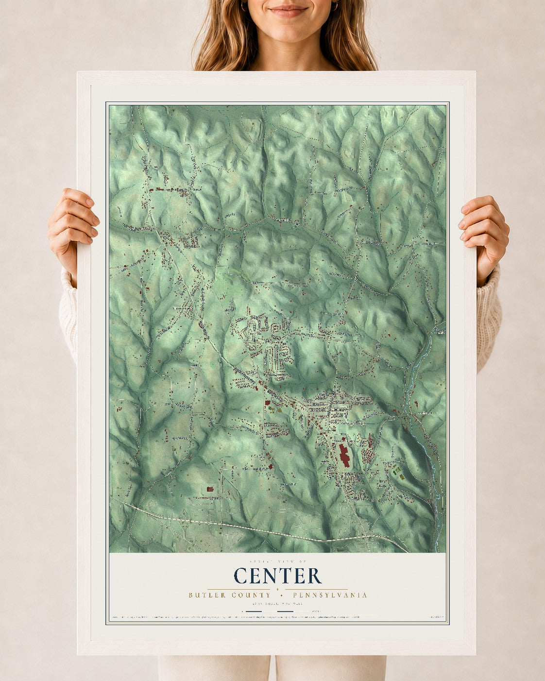 Map of Center, Butler County, Pennsylvania, 24 x 36 inch print in a white wood frame