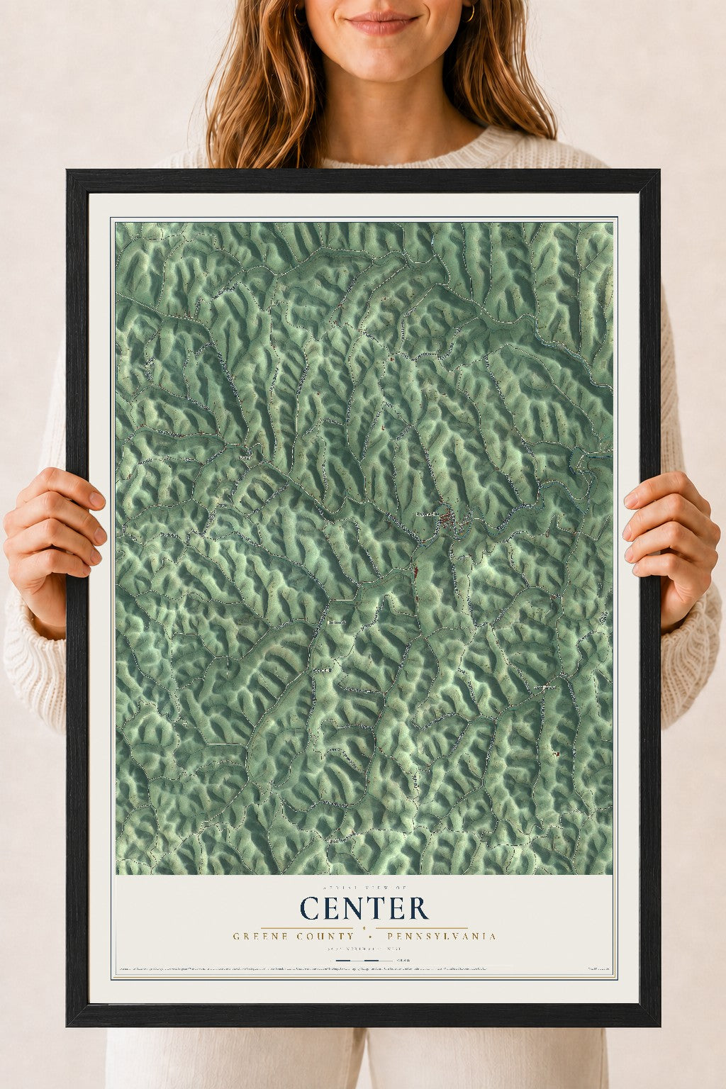 Map of Center, Greene County, Pennsylvania, 18 x 24 inch print in a black wood frame