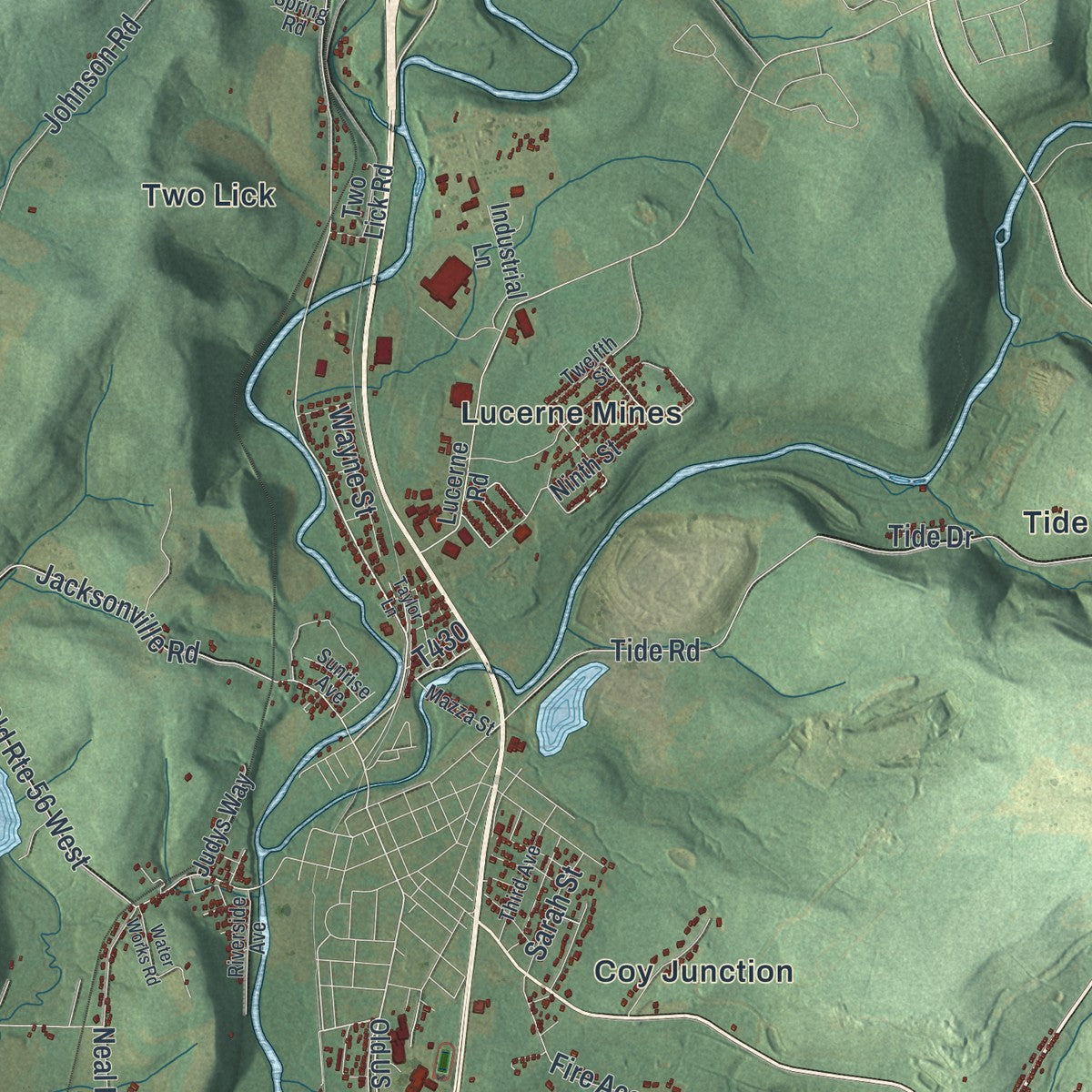 Second close-up of the map of Center, Indiana County, Pennsylvania print showing more streets and buildings