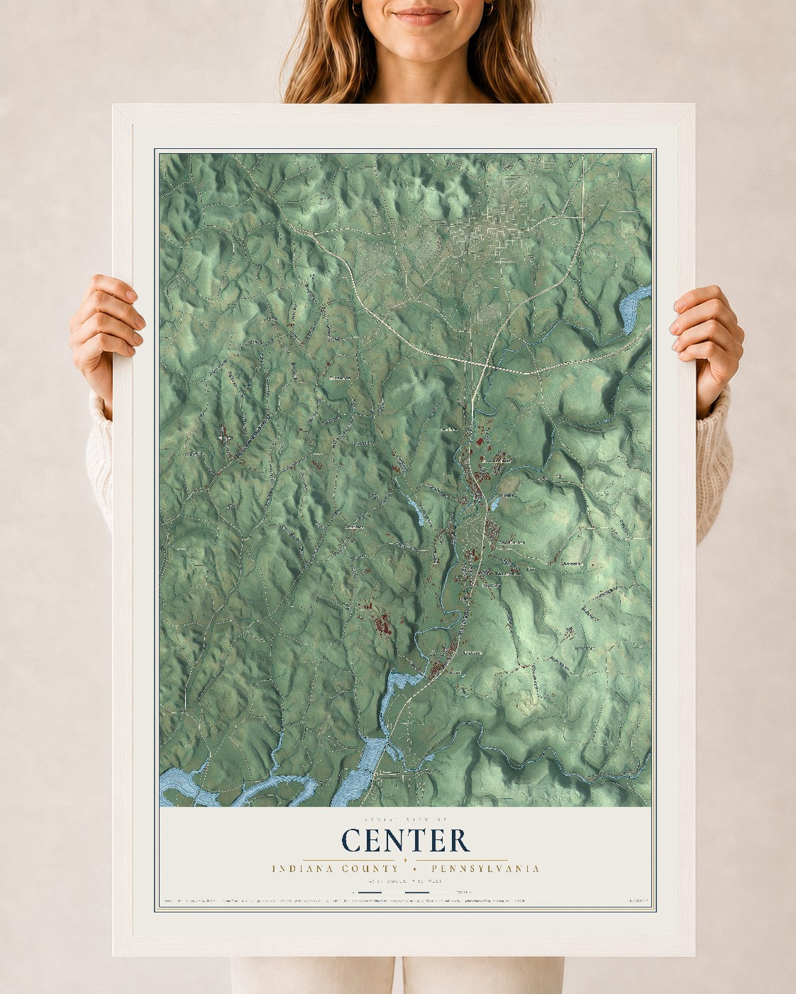 Map of Center, Indiana County, Pennsylvania, 24 x 36 inch print in a white wood frame