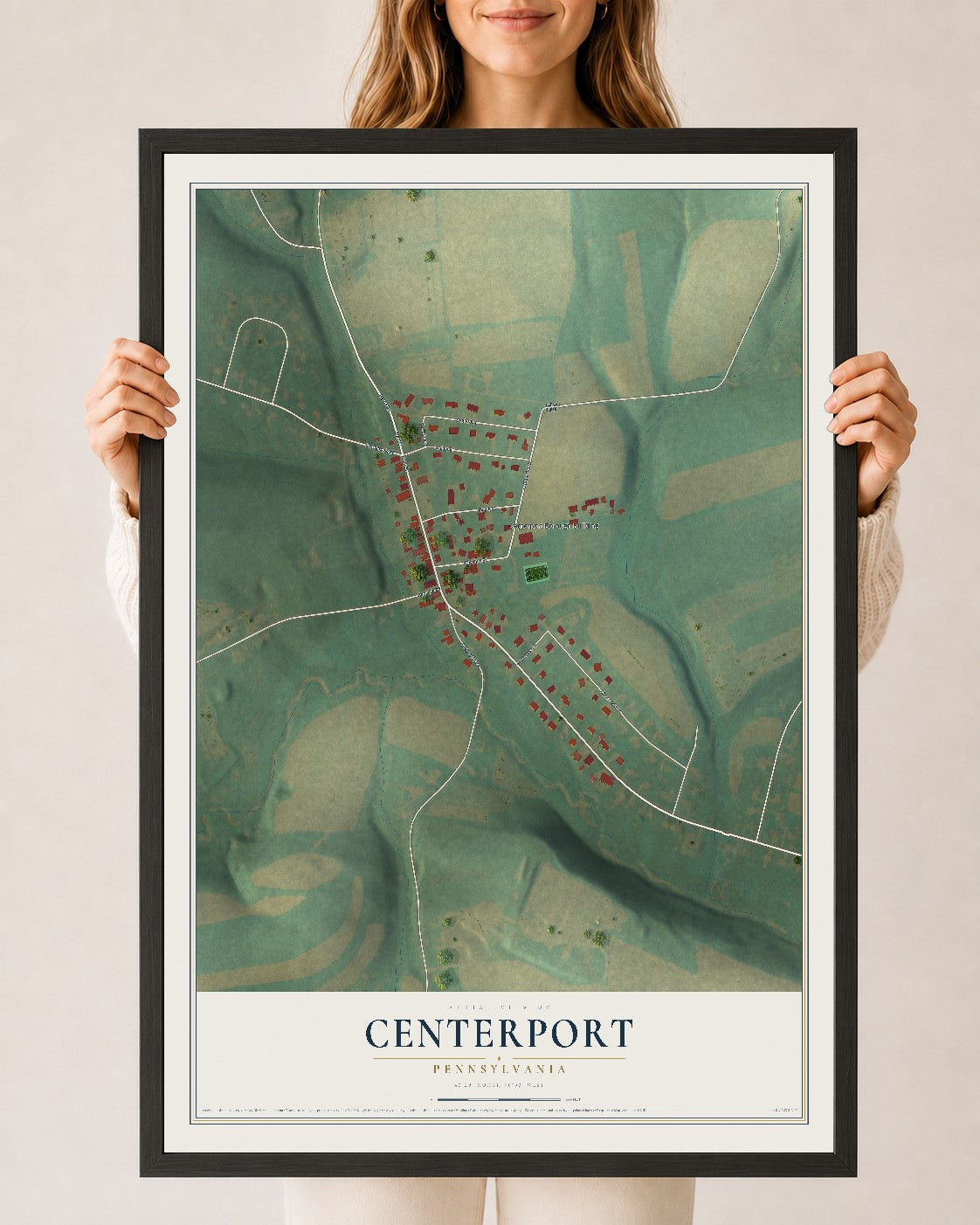 Map of Centerport, Pennsylvania, 24 x 36 inch print in a black wood frame