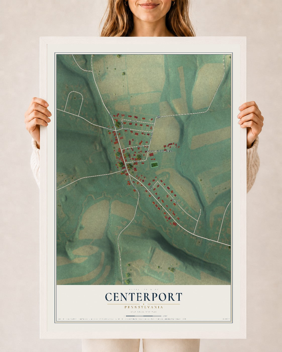 Map of Centerport, Pennsylvania, 24 x 36 inch print in a white wood frame