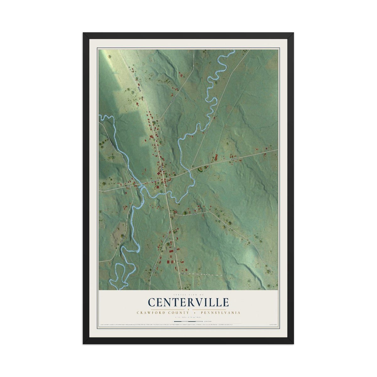 Map of Centerville, Crawford County, Pennsylvania, 12 x 18 inch print in a black wood frame