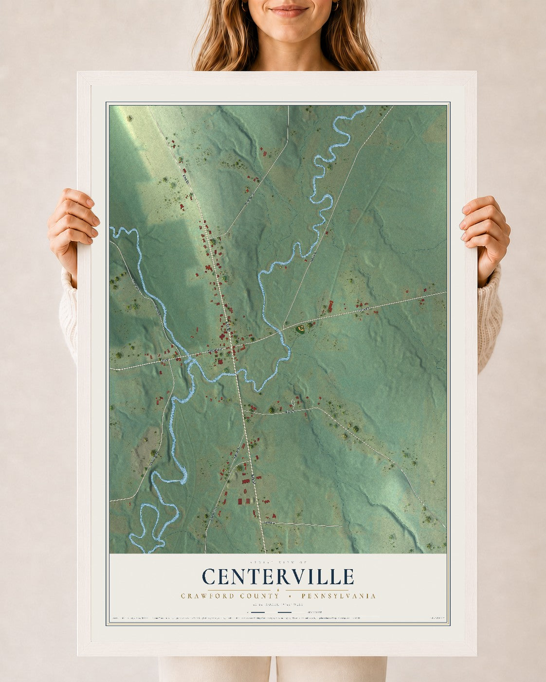 Map of Centerville, Crawford County, Pennsylvania, 24 x 36 inch print in a white wood frame