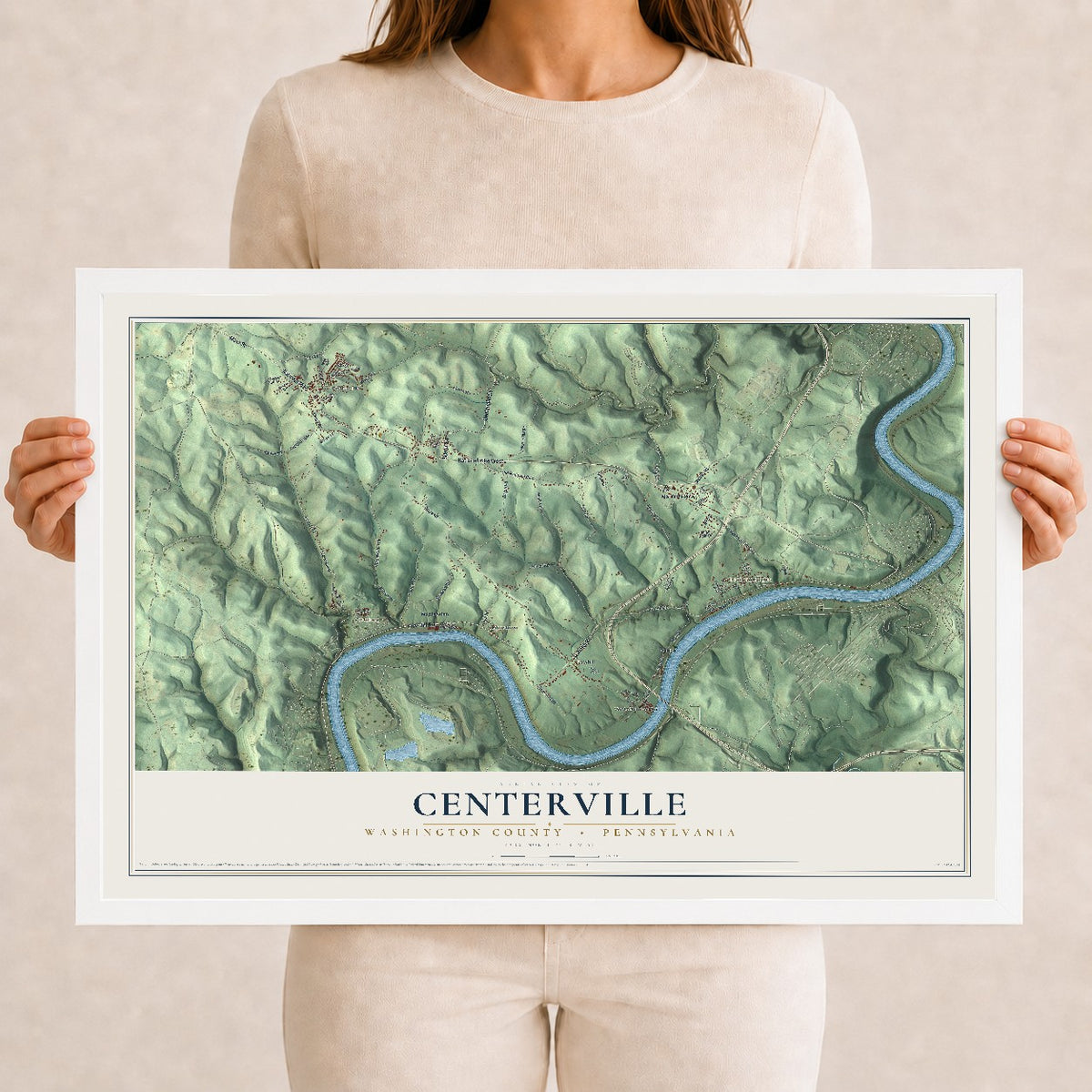 Map of Centerville, Washington County, Pennsylvania, 12 x 18 inch print in a white wood frame