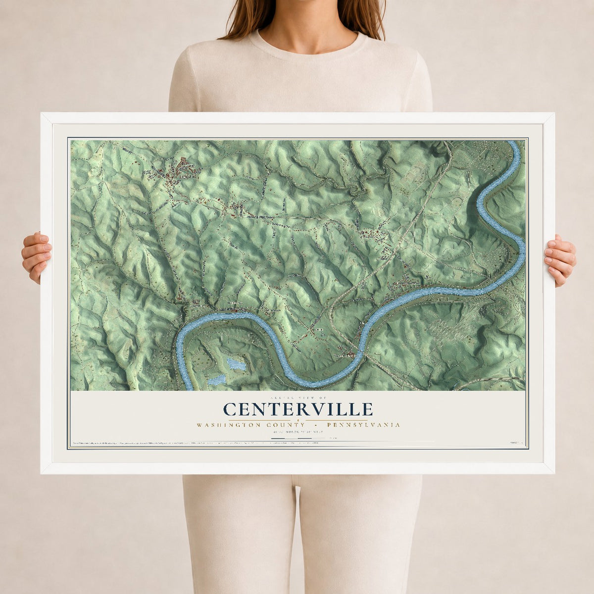 Map of Centerville, Washington County, Pennsylvania, 24 x 36 inch print in a white wood frame