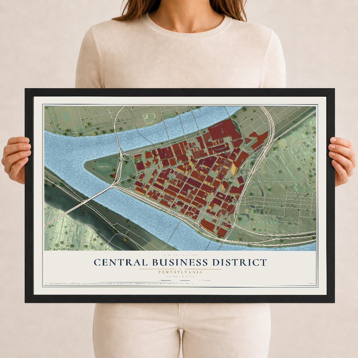 Map of Central Business District, Pennsylvania, 12 x 18 inch print in a black wood frame