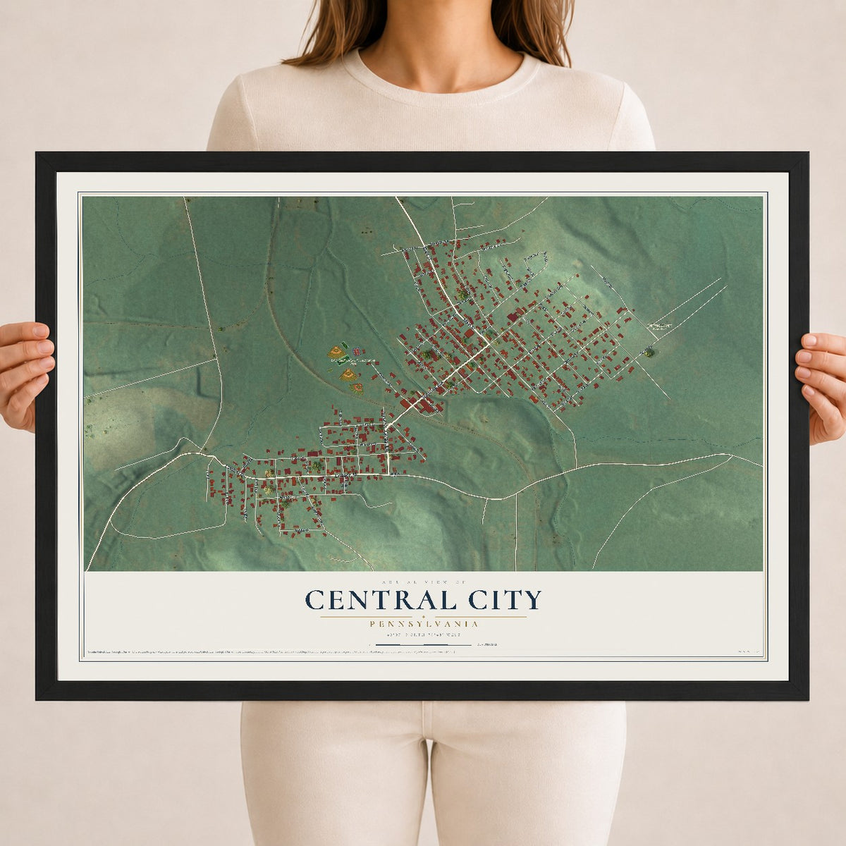 Map of Central City, Pennsylvania, 18 x 24 inch print in a black wood frame