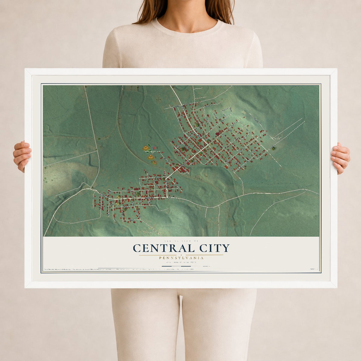Map of Central City, Pennsylvania, 24 x 36 inch print in a white wood frame