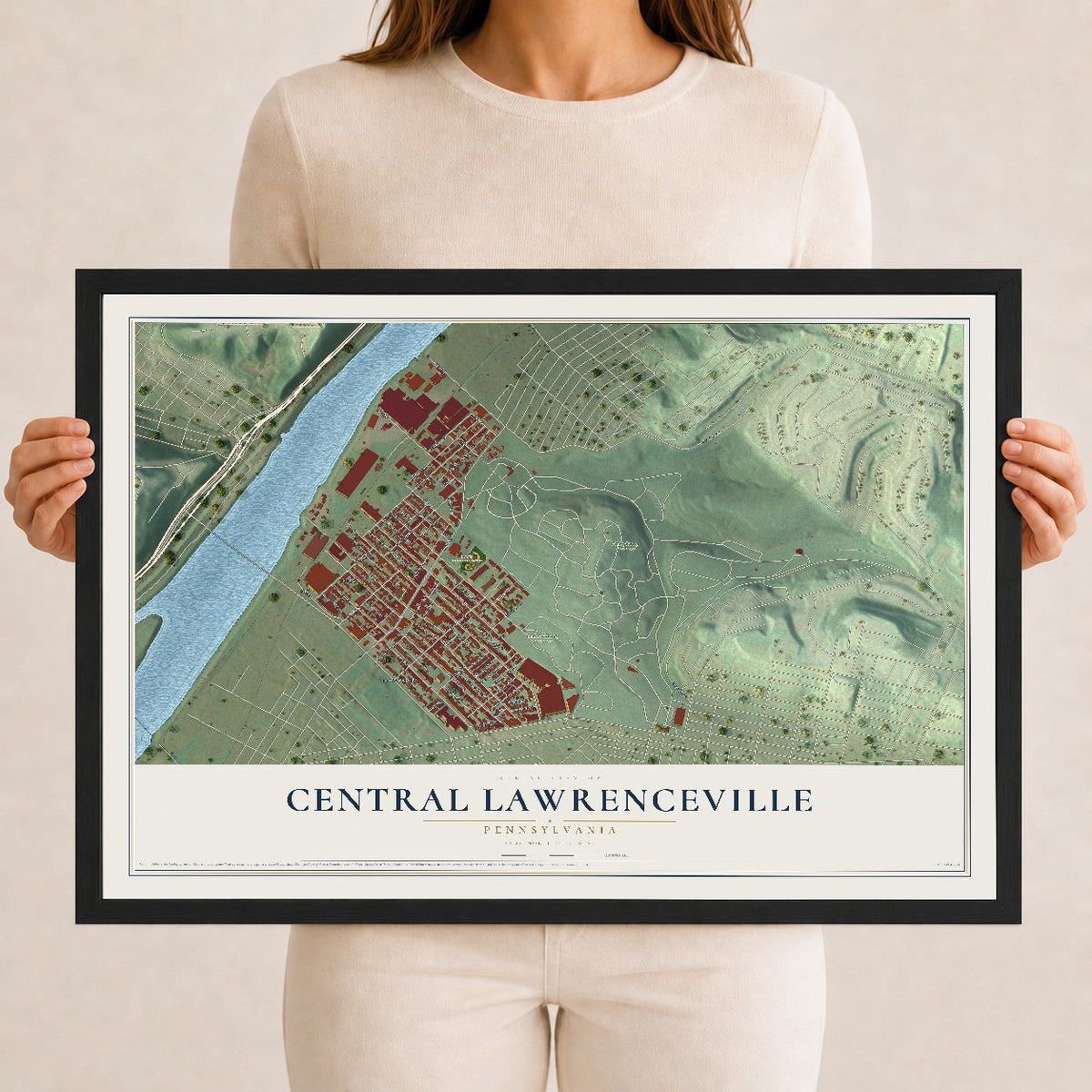 Map of Central Lawrenceville, Pennsylvania, 12 x 18 inch print in a black wood frame