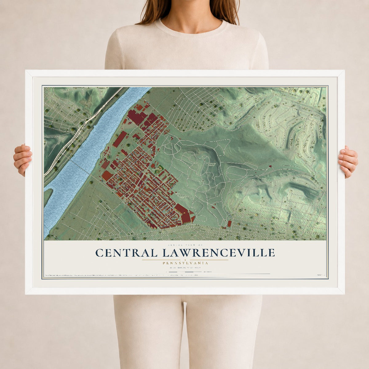 Map of Central Lawrenceville, Pennsylvania, 24 x 36 inch print in a white wood frame
