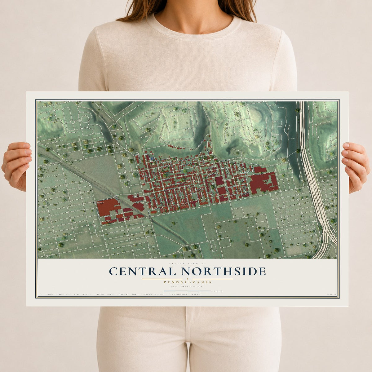 Map of Central Northside, Pennsylvania, 12 x 18 inch unframed archival matte print
