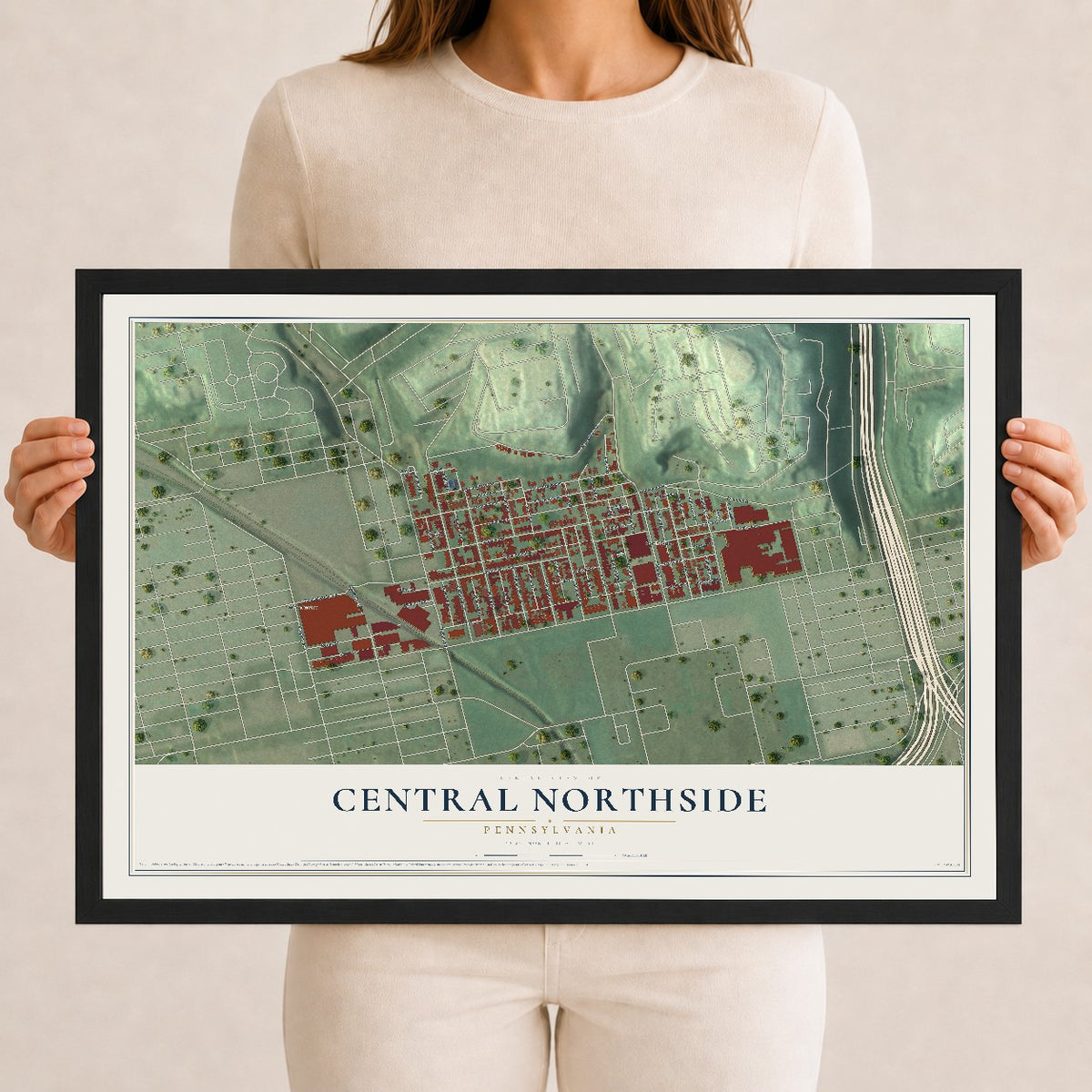 Map of Central Northside, Pennsylvania, 12 x 18 inch print in a black wood frame