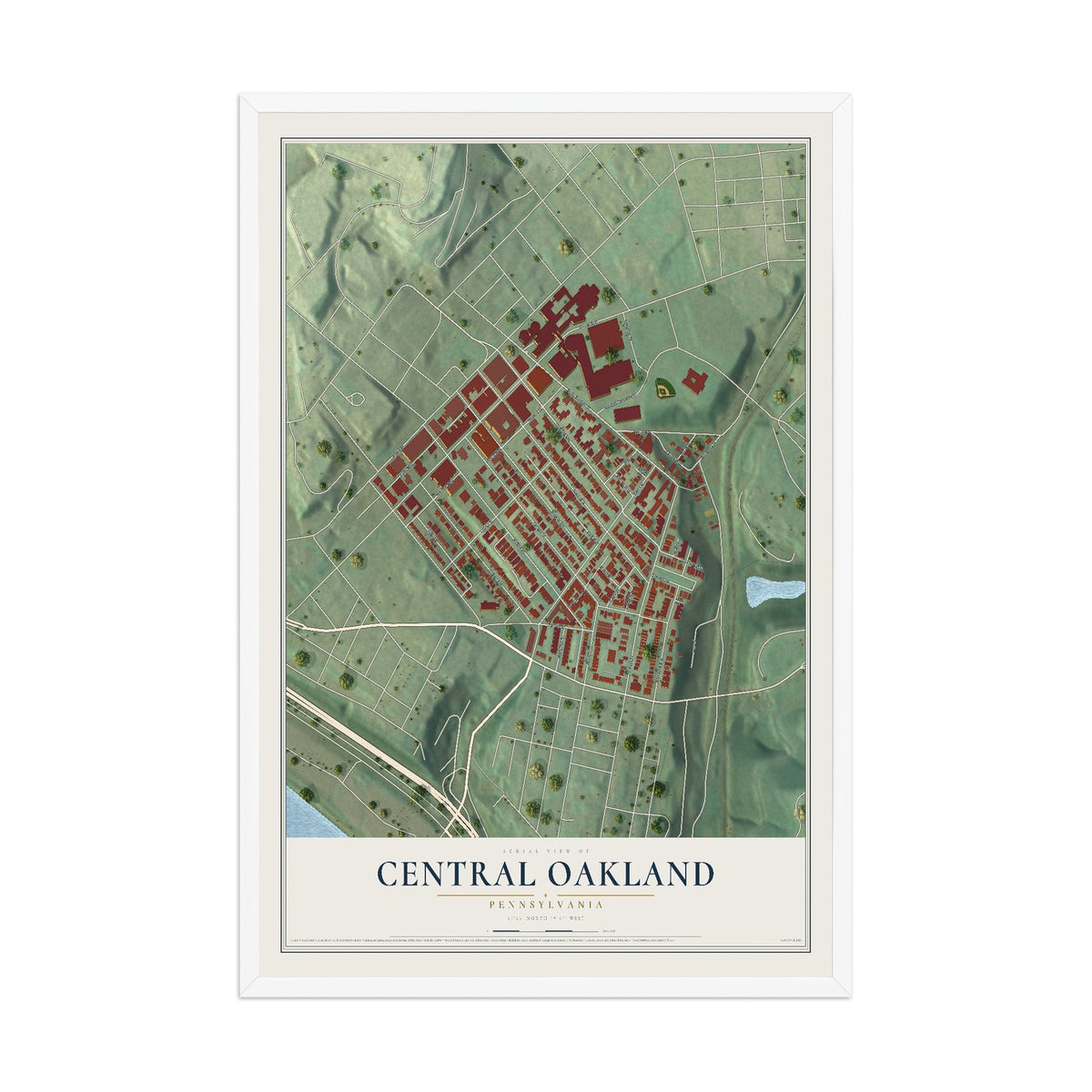 Map of Central Oakland, Pennsylvania, 12 x 18 inch print in a white wood frame