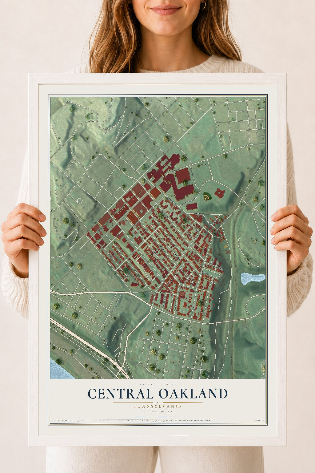 Map of Central Oakland, Pennsylvania, 18 x 24 inch print in a white wood frame