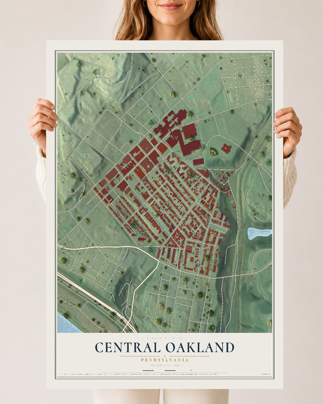 Map of Central Oakland, Pennsylvania, 24 x 36 inch unframed archival matte print