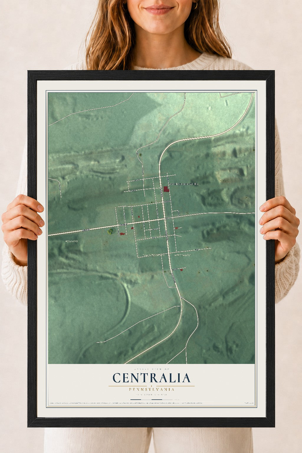 Map of Centralia, Pennsylvania, 18 x 24 inch print in a black wood frame