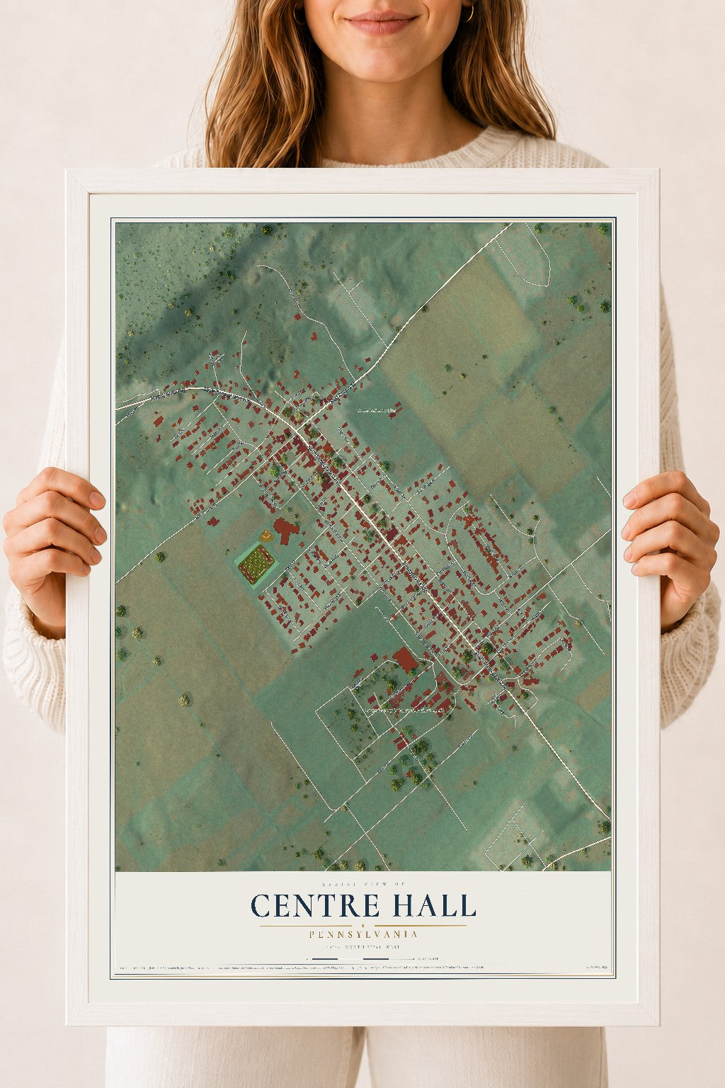Map of Centre Hall, Pennsylvania, 18 x 24 inch print in a white wood frame