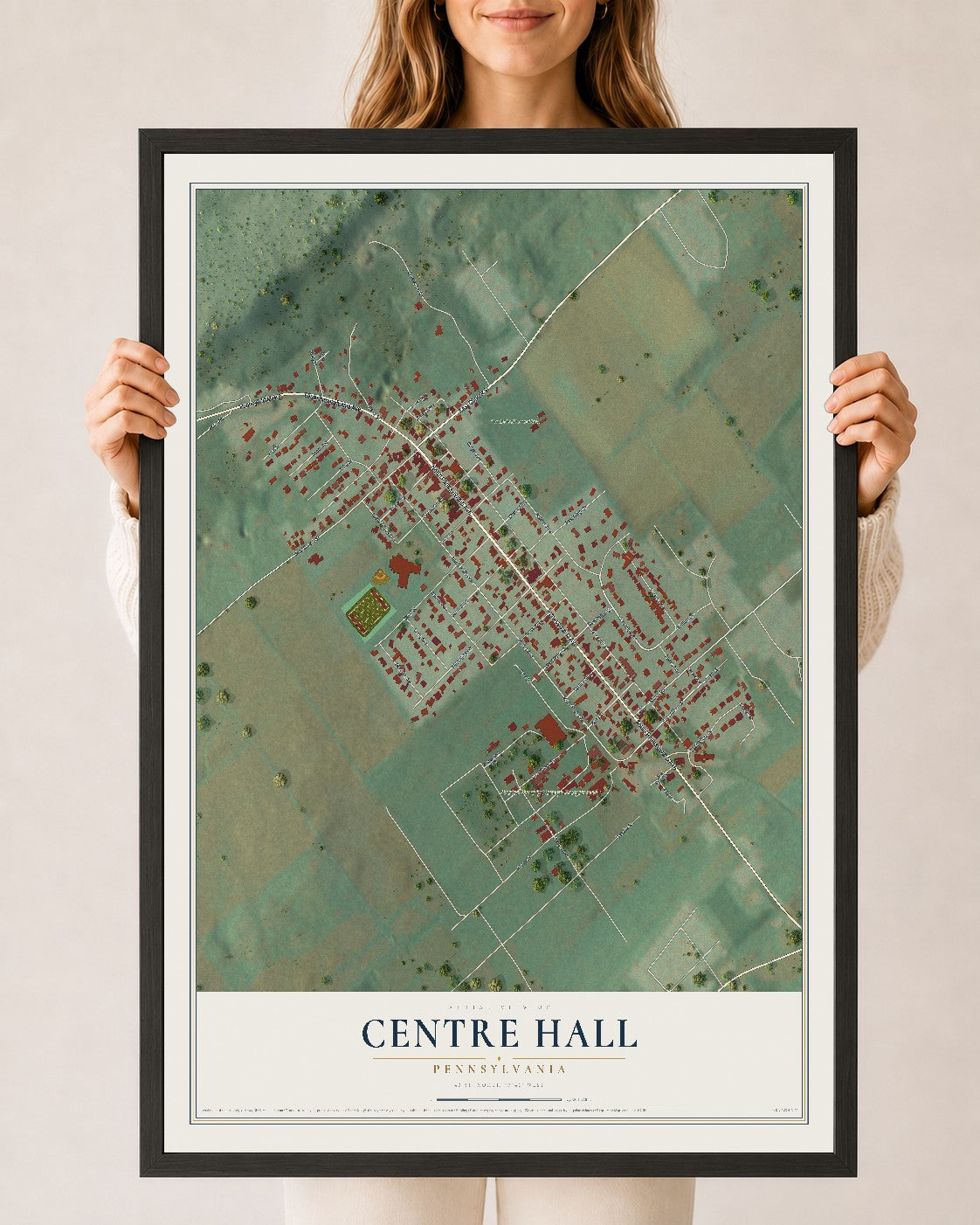 Map of Centre Hall, Pennsylvania, 24 x 36 inch print in a black wood frame