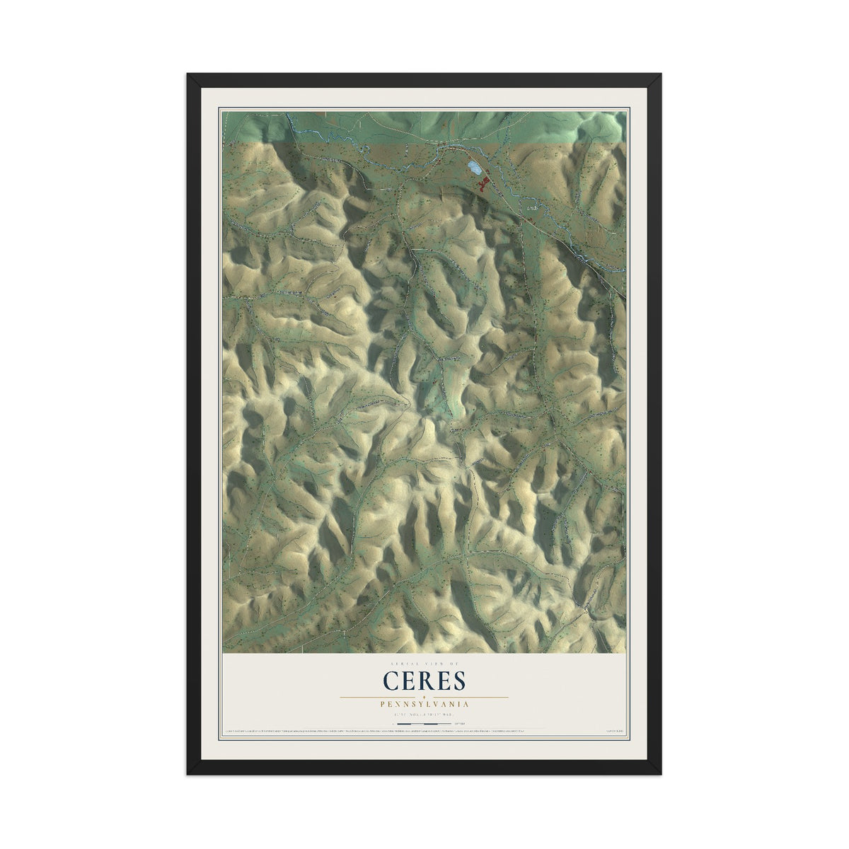 Map of Ceres, Pennsylvania, 12 x 18 inch print in a black wood frame