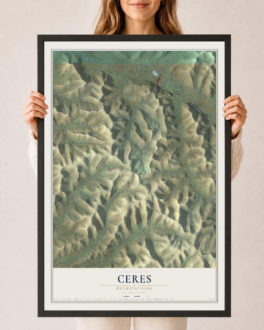 Map of Ceres, Pennsylvania, 24 x 36 inch print in a black wood frame