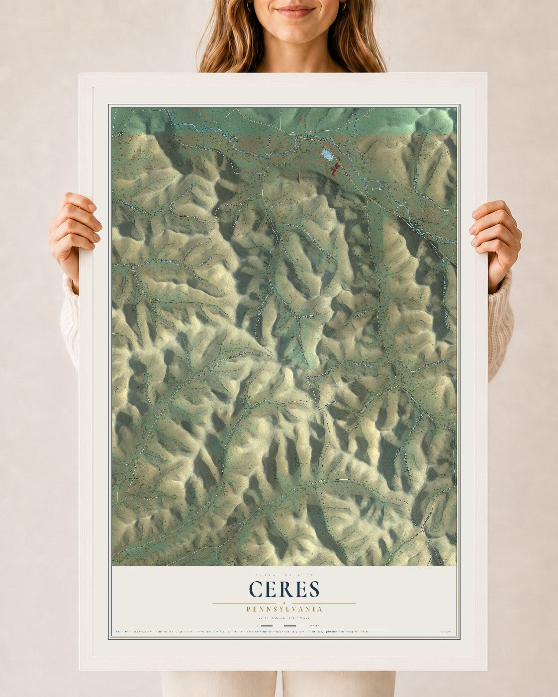Map of Ceres, Pennsylvania, 24 x 36 inch print in a white wood frame