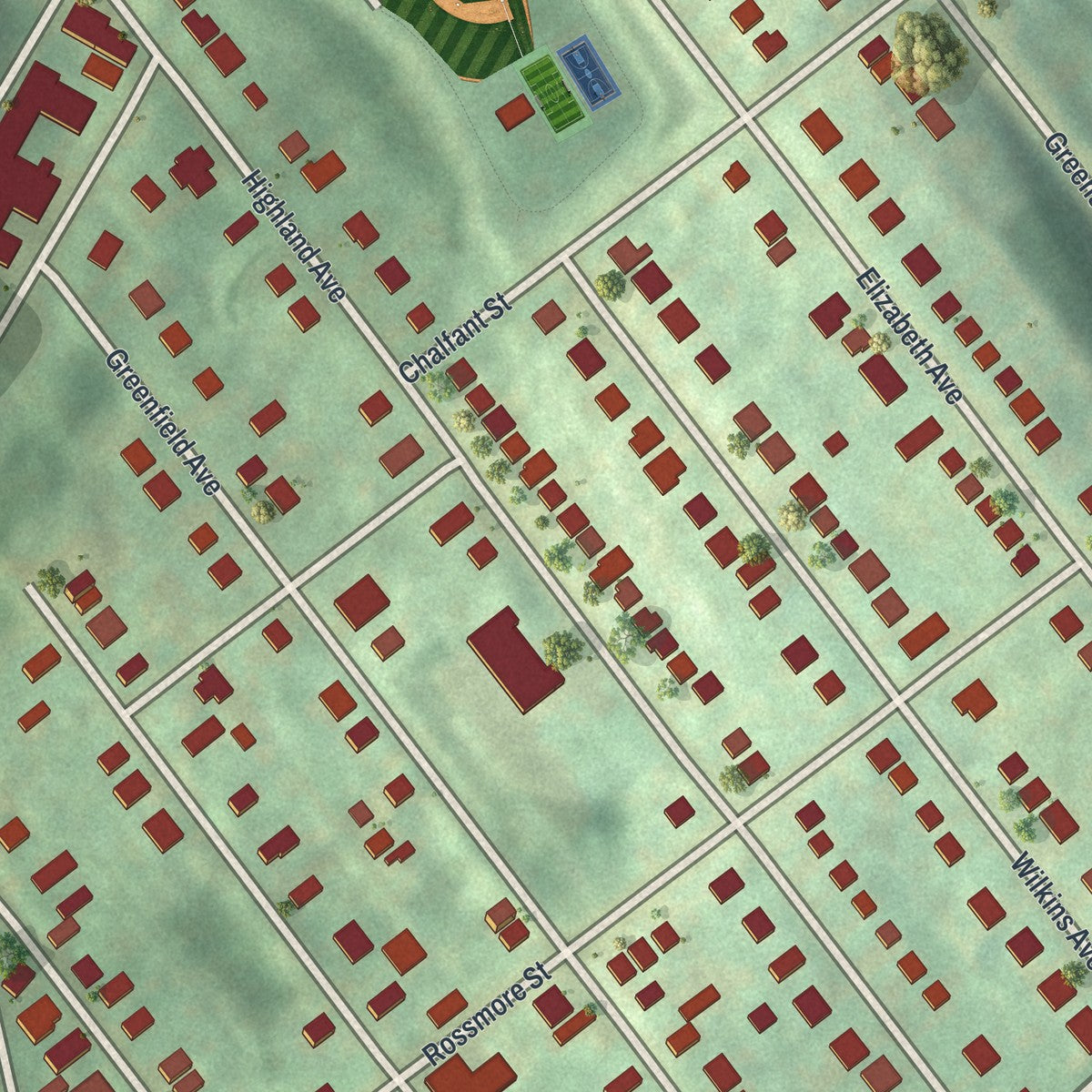 Close-up of the map of Chalfant, Pennsylvania print showing street and building detail