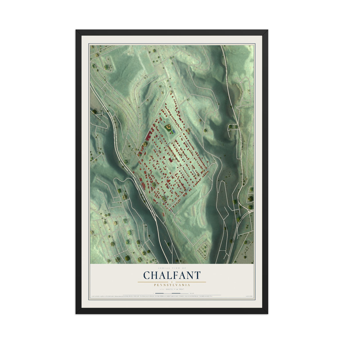 Map of Chalfant, Pennsylvania, 12 x 18 inch print in a black wood frame