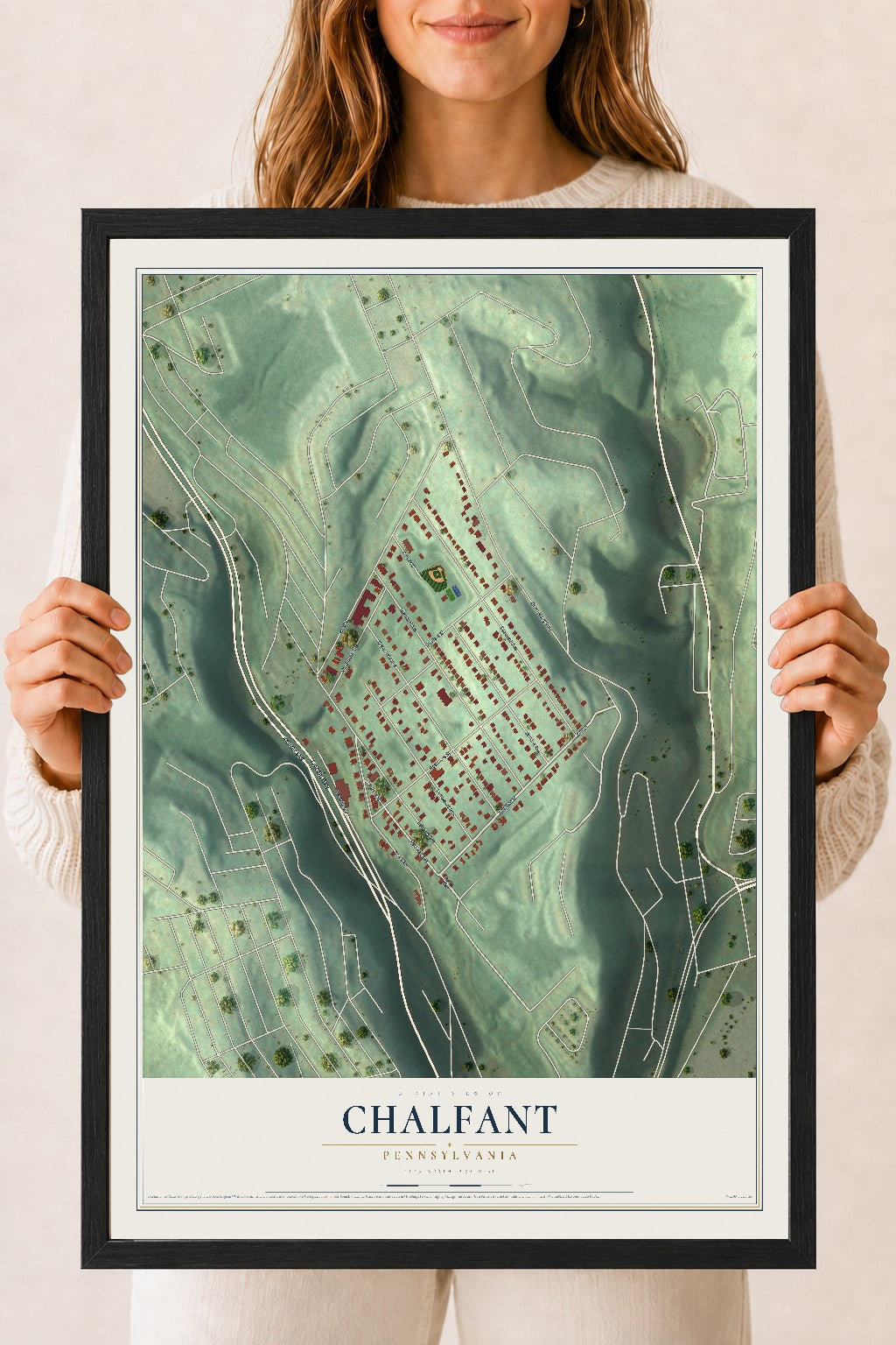 Map of Chalfant, Pennsylvania, 18 x 24 inch print in a black wood frame