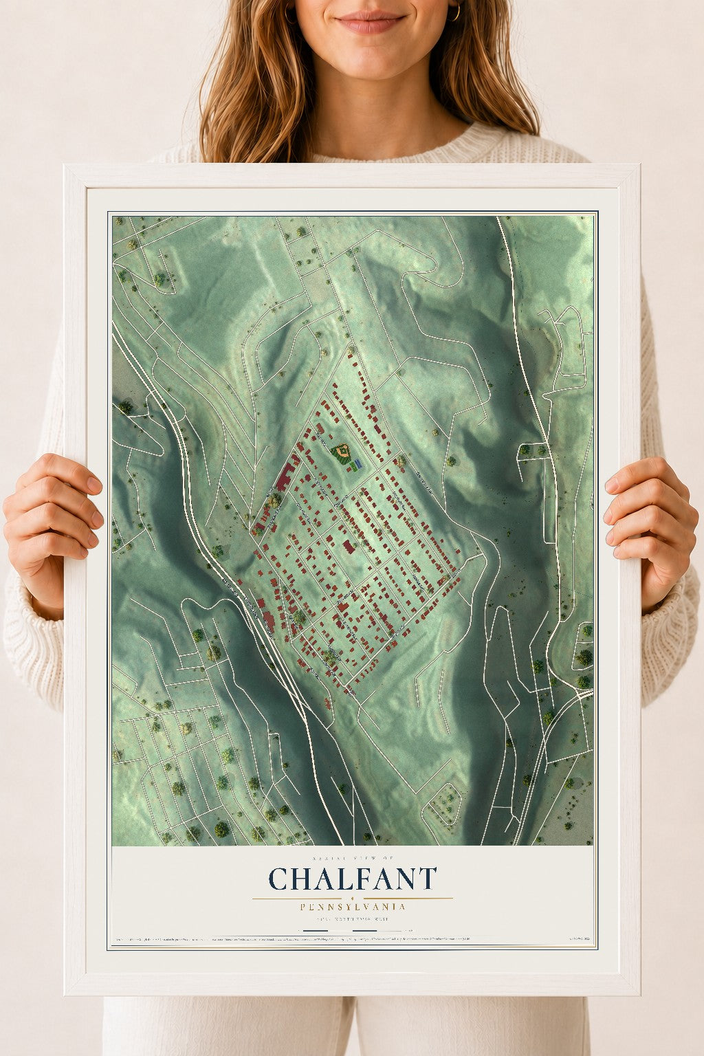 Map of Chalfant, Pennsylvania, 18 x 24 inch print in a white wood frame