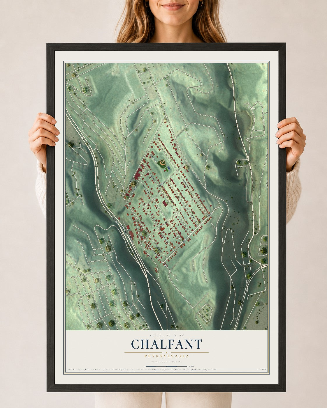 Map of Chalfant, Pennsylvania, 24 x 36 inch print in a black wood frame