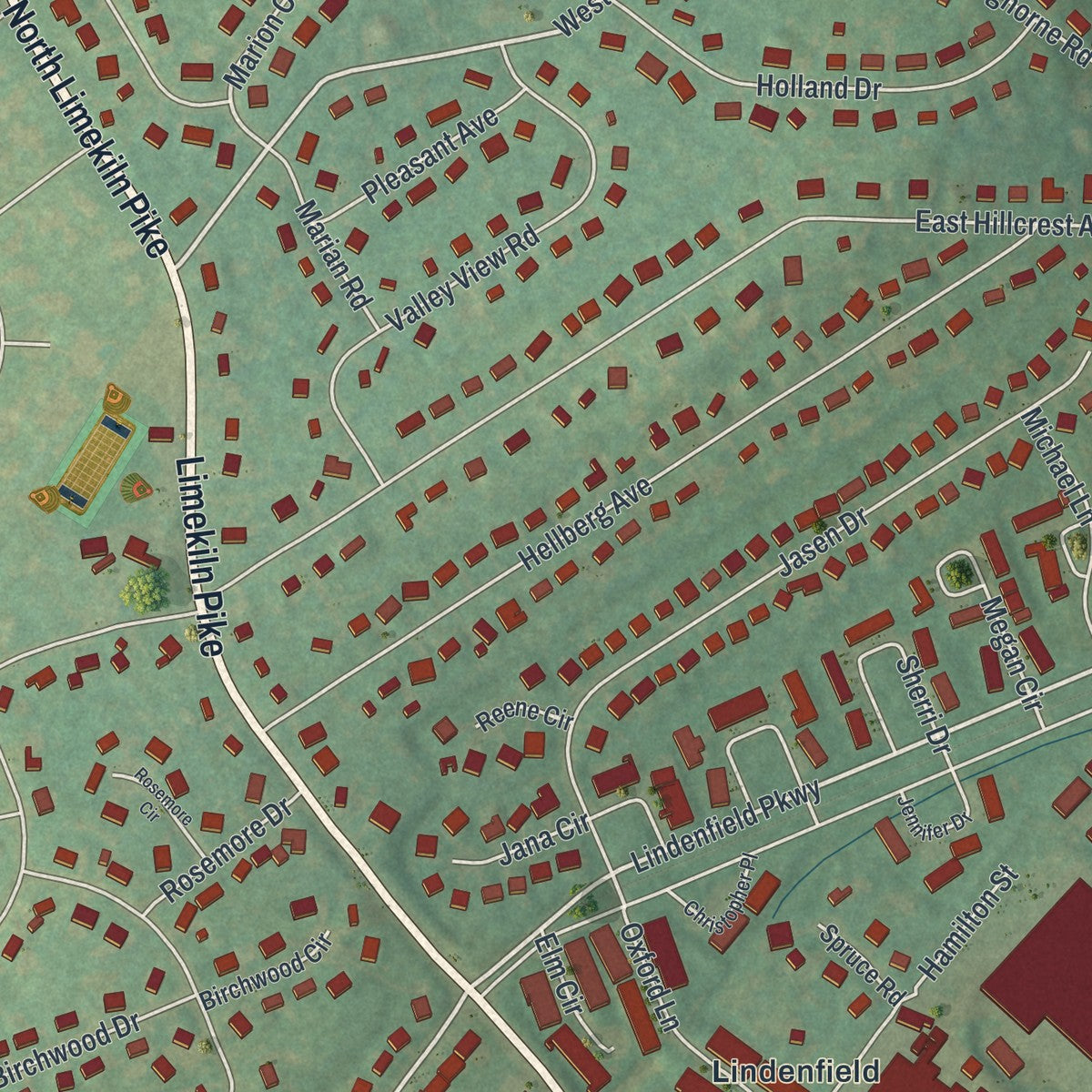 Close-up of the map of Chalfont, Pennsylvania print showing street and building detail
