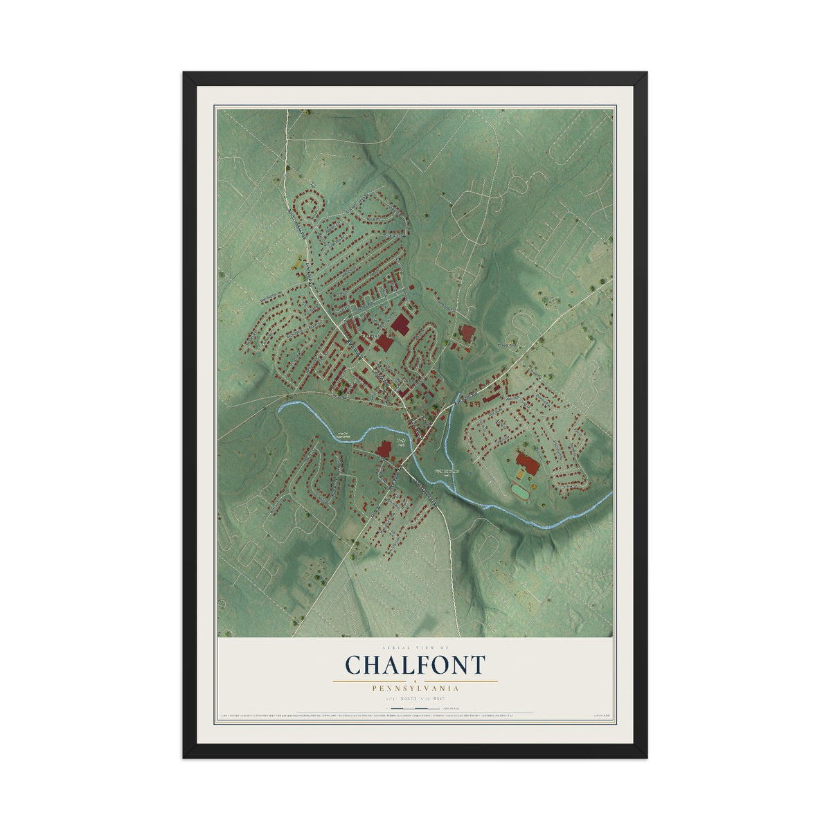 Map of Chalfont, Pennsylvania, 12 x 18 inch print in a black wood frame