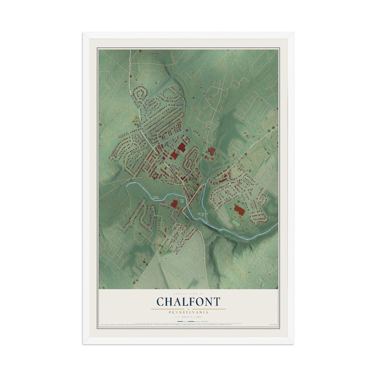 Map of Chalfont, Pennsylvania, 12 x 18 inch print in a white wood frame