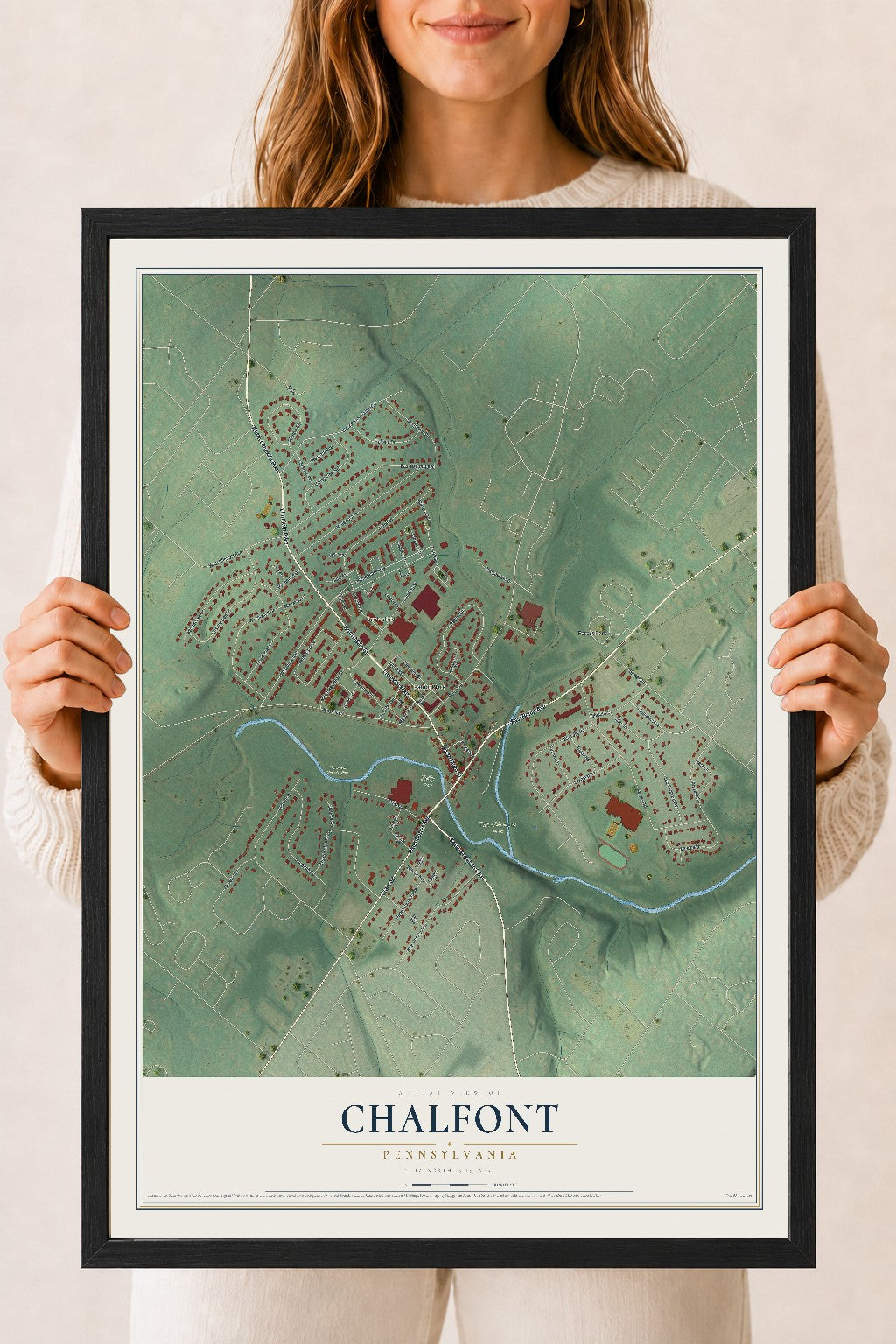 Map of Chalfont, Pennsylvania, 18 x 24 inch print in a black wood frame