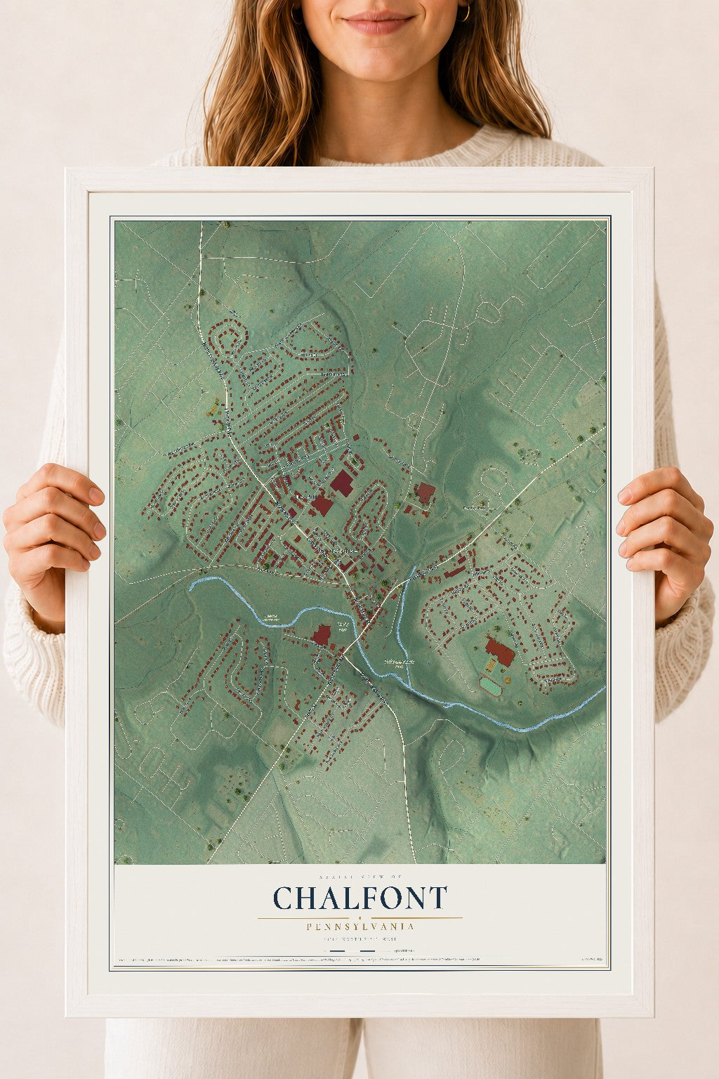 Map of Chalfont, Pennsylvania, 18 x 24 inch print in a white wood frame
