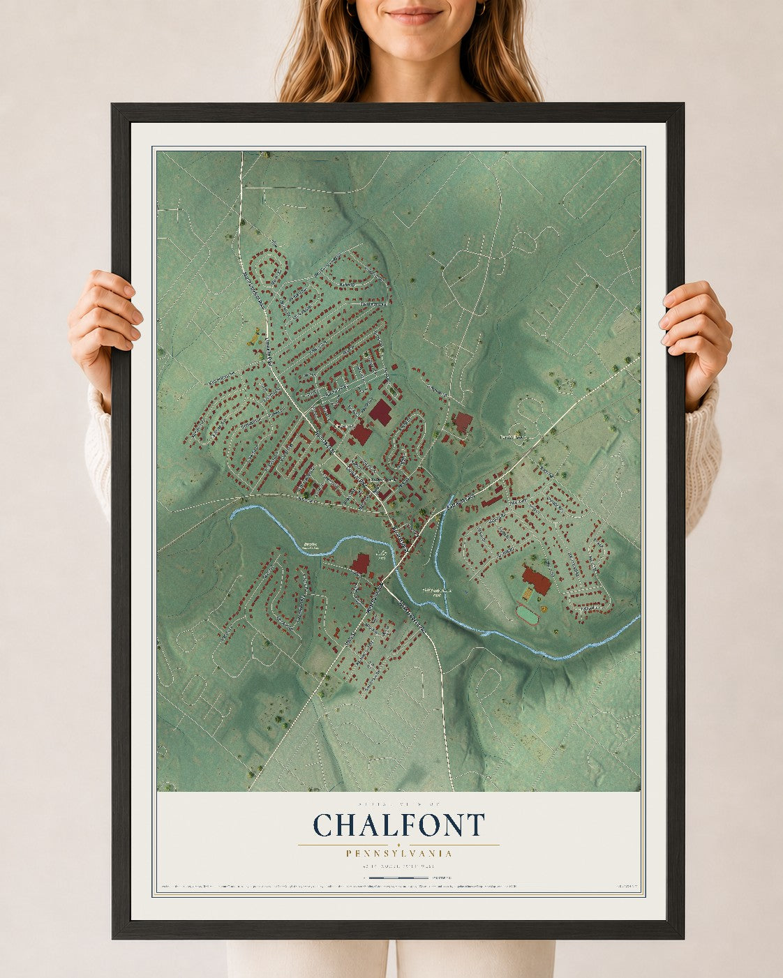 Map of Chalfont, Pennsylvania, 24 x 36 inch print in a black wood frame