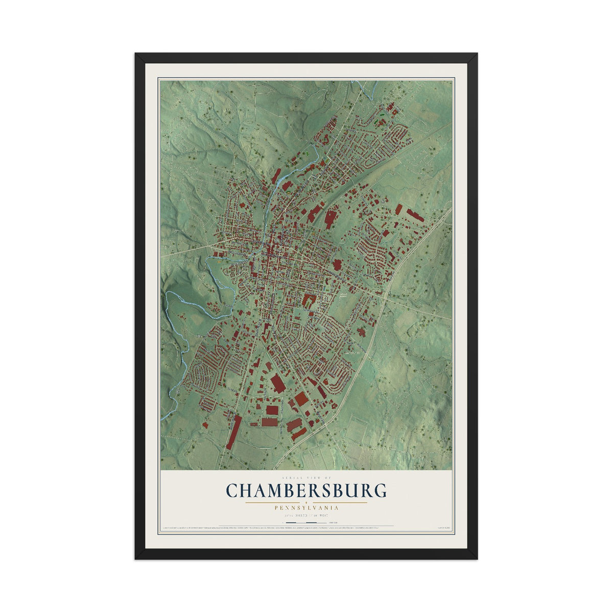 Map of Chambersburg, Pennsylvania, 12 x 18 inch print in a black wood frame
