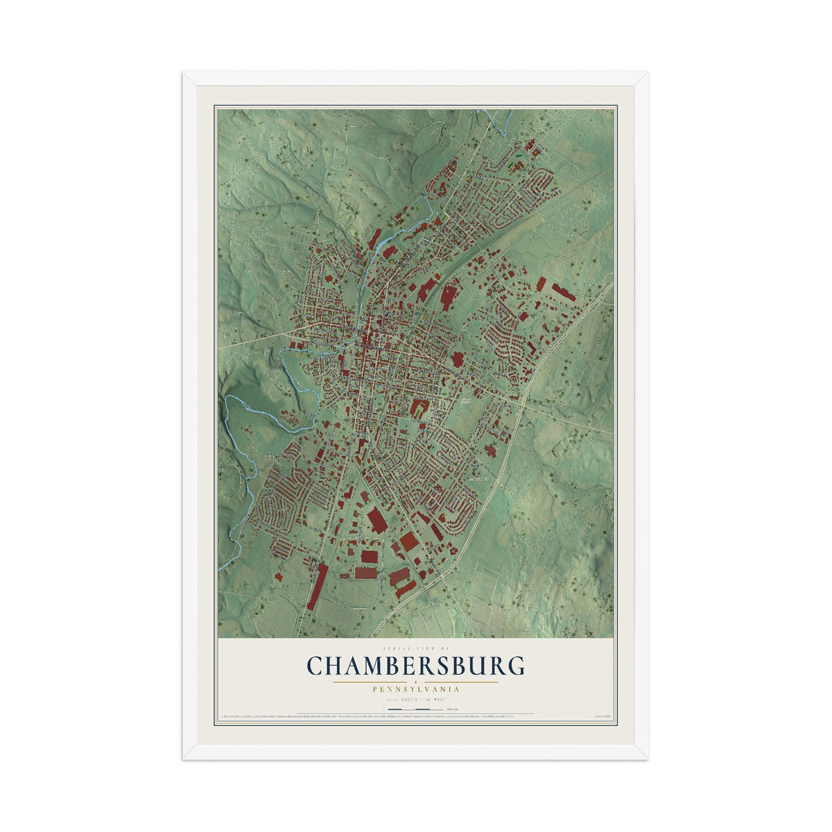 Map of Chambersburg, Pennsylvania, 12 x 18 inch print in a white wood frame