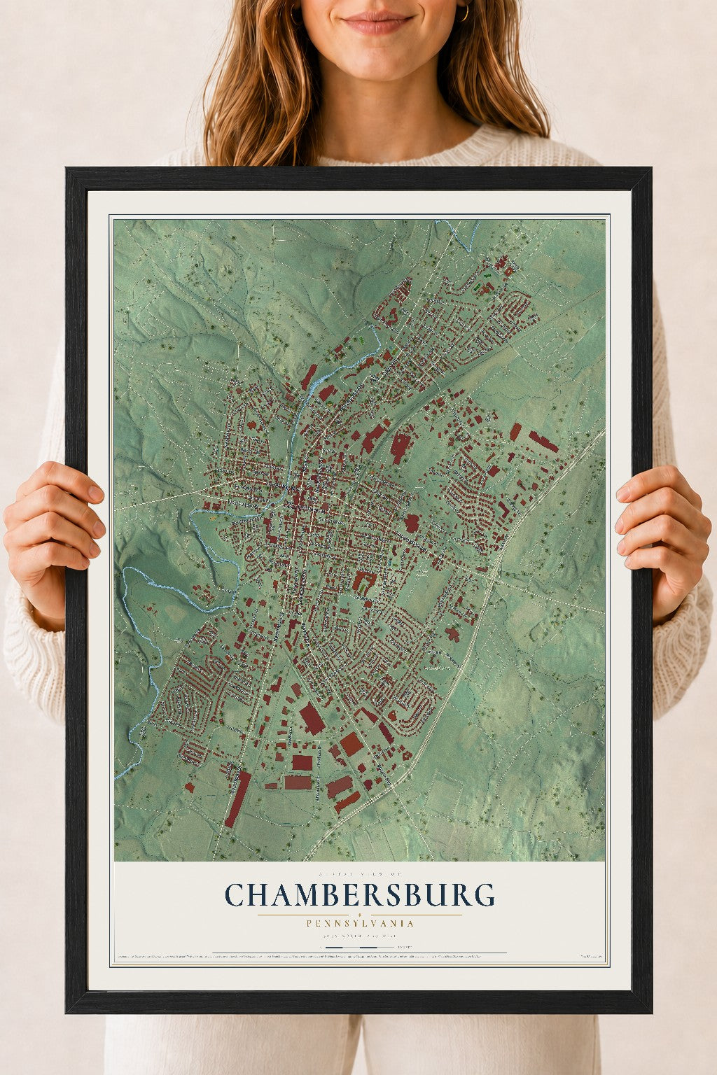 Map of Chambersburg, Pennsylvania, 18 x 24 inch print in a black wood frame