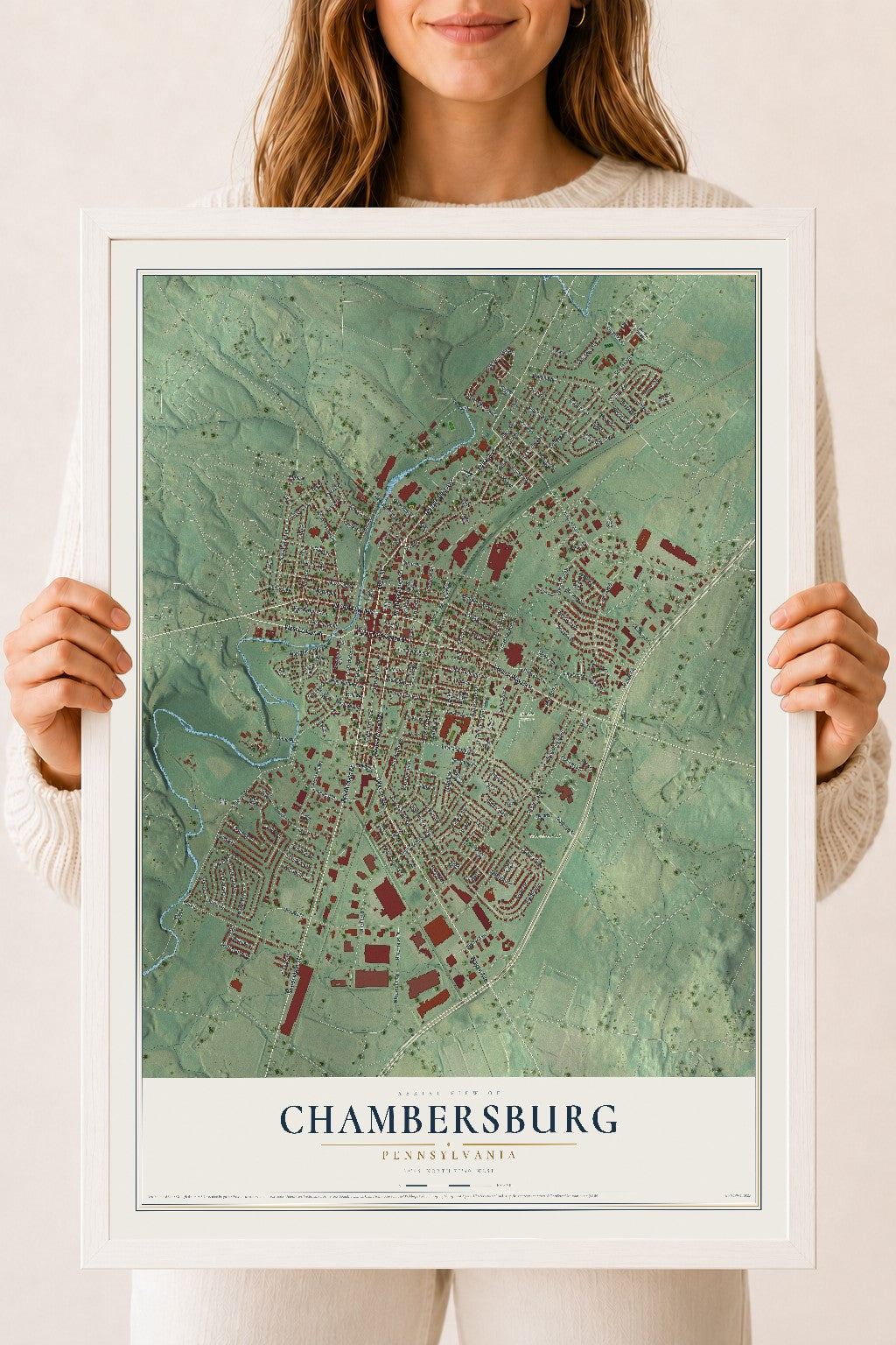 Map of Chambersburg, Pennsylvania, 18 x 24 inch print in a white wood frame