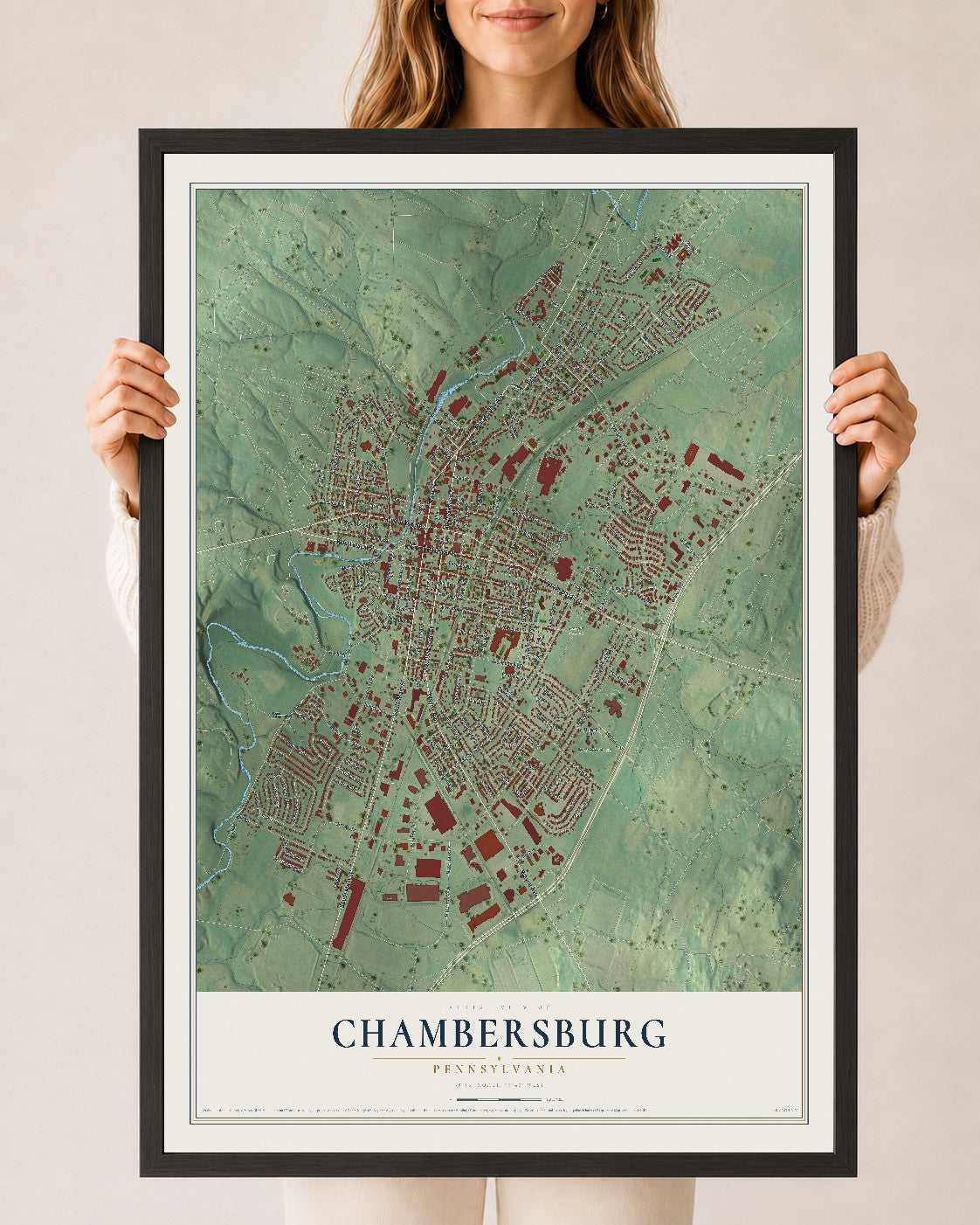 Map of Chambersburg, Pennsylvania, 24 x 36 inch print in a black wood frame