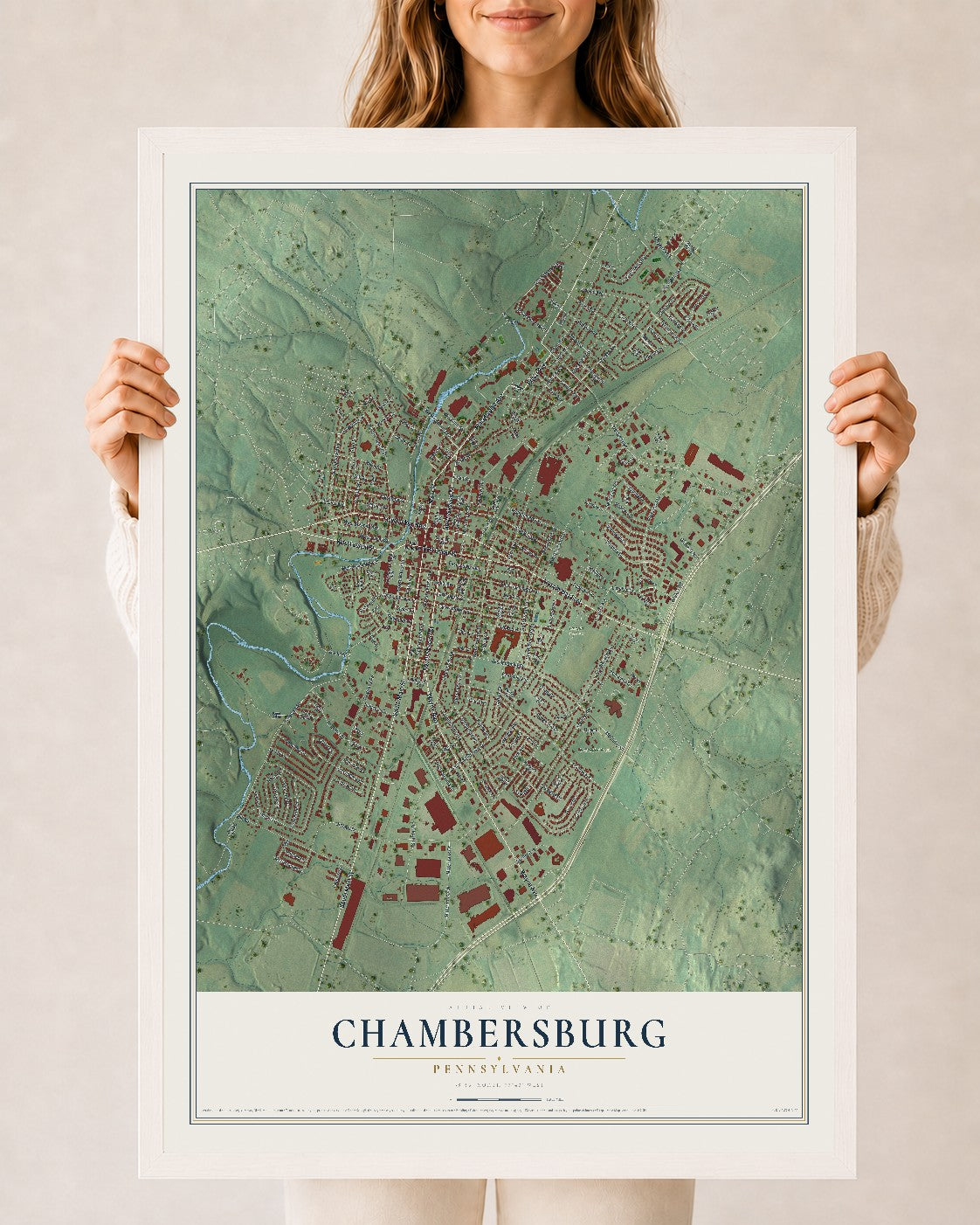 Map of Chambersburg, Pennsylvania, 24 x 36 inch print in a white wood frame